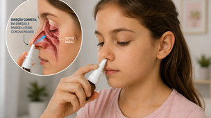 Girl using nasal spray with anatomical direction guide.